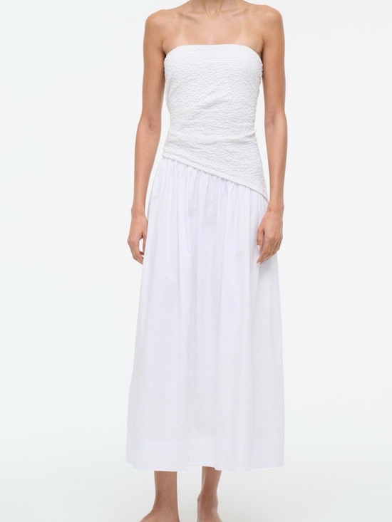 STAUD Dresses & Skirts - STAUD Strapless White Midi Dress with Textured Bodice and Flowing Skirt